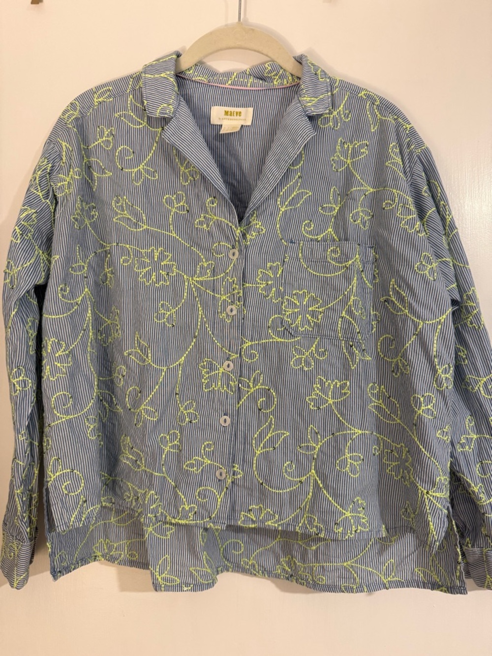 Anthropologie Blue Striped Blouse with Neon Yellow Floral Embroidery